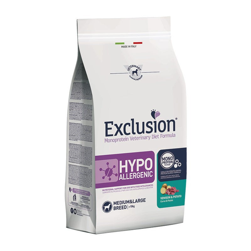 EXCLUSION HYPOALLERGENIC MEDIUM LARGE CON CERVO E PATATE 2 KG.