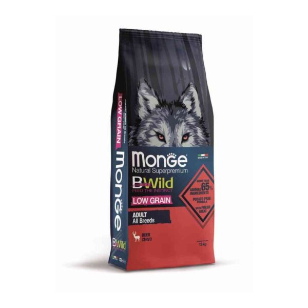 MONGE NATURAL SUPERPREMIUM BWILD ADULT LOW GRAIN CON CERVO 12 KG.