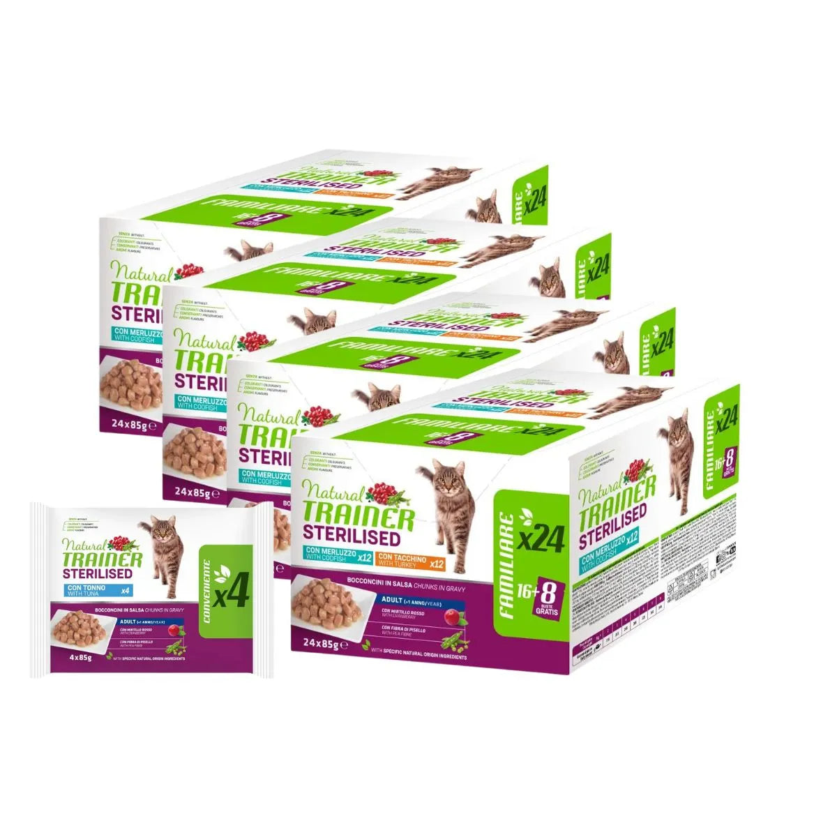 NATURALTRINER MULTIPACK STERILIZZATO DA 24 PZ DA 85 GR CON TACCHINO E MERLUZZO