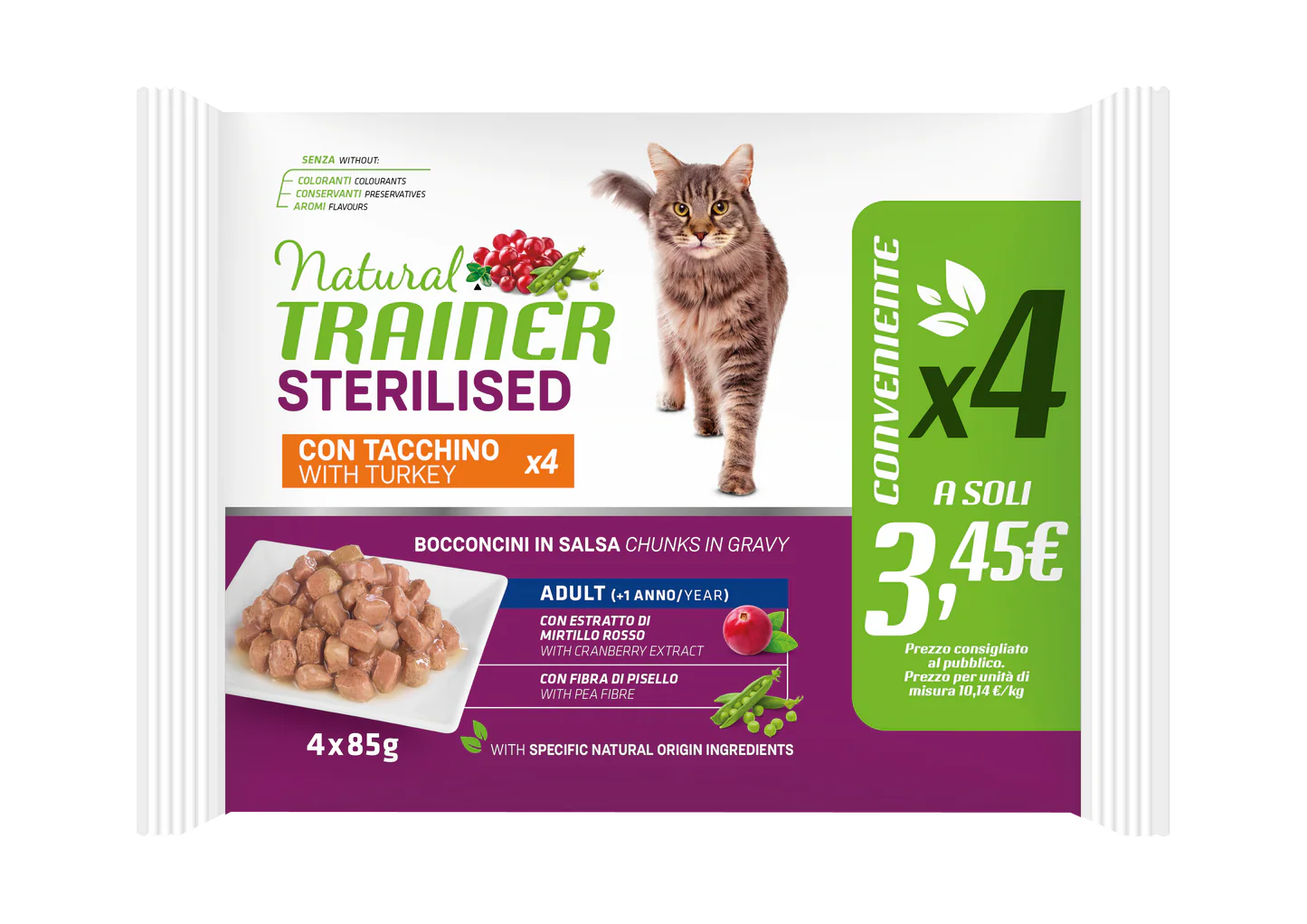 NATURAL TRAINER GATTO STERILIZZATO FLOW PACK 4 X 85 GR CON TACCHINO.