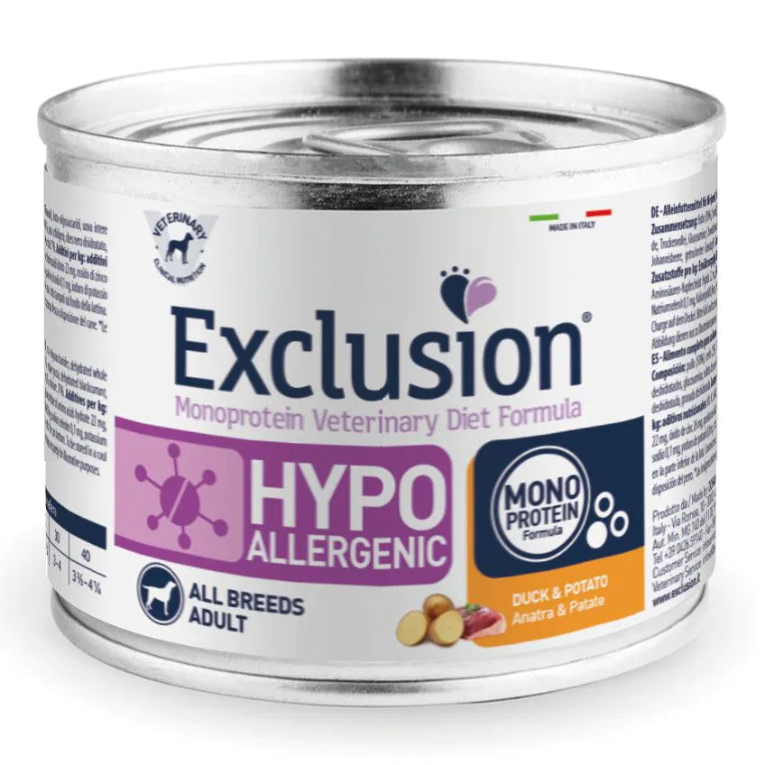 EXCLUSION ADULT HIPOALLERGENICO CON ANATRA E PATATE 200 GR.