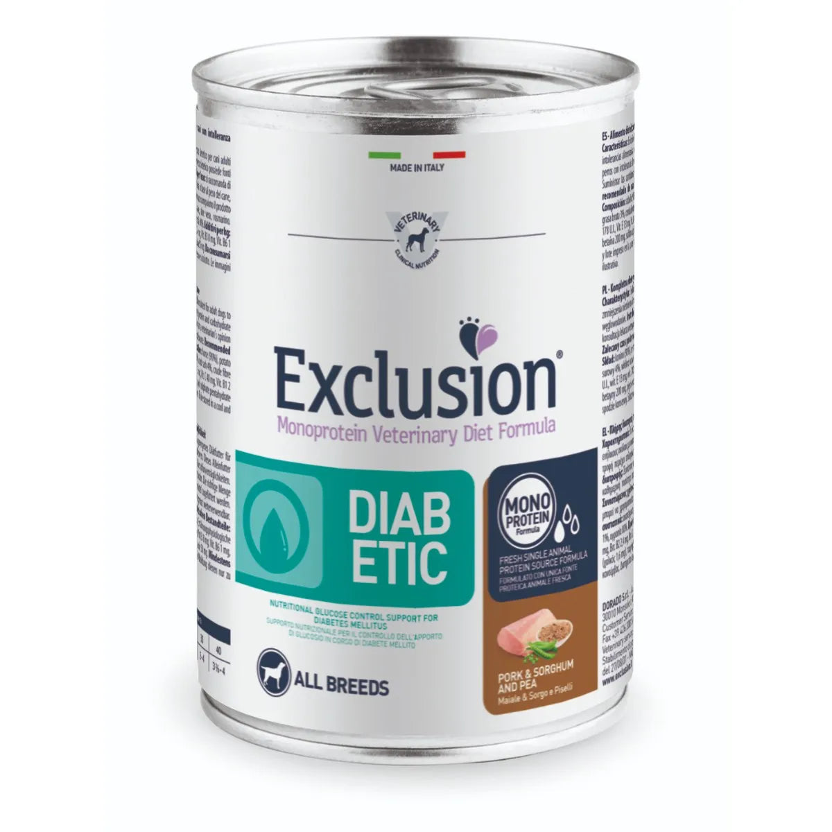 EXCLUSION DIABETIC ALL BREEDS ADULT 400 GR CON MAIALE SORGO E PISELLI.