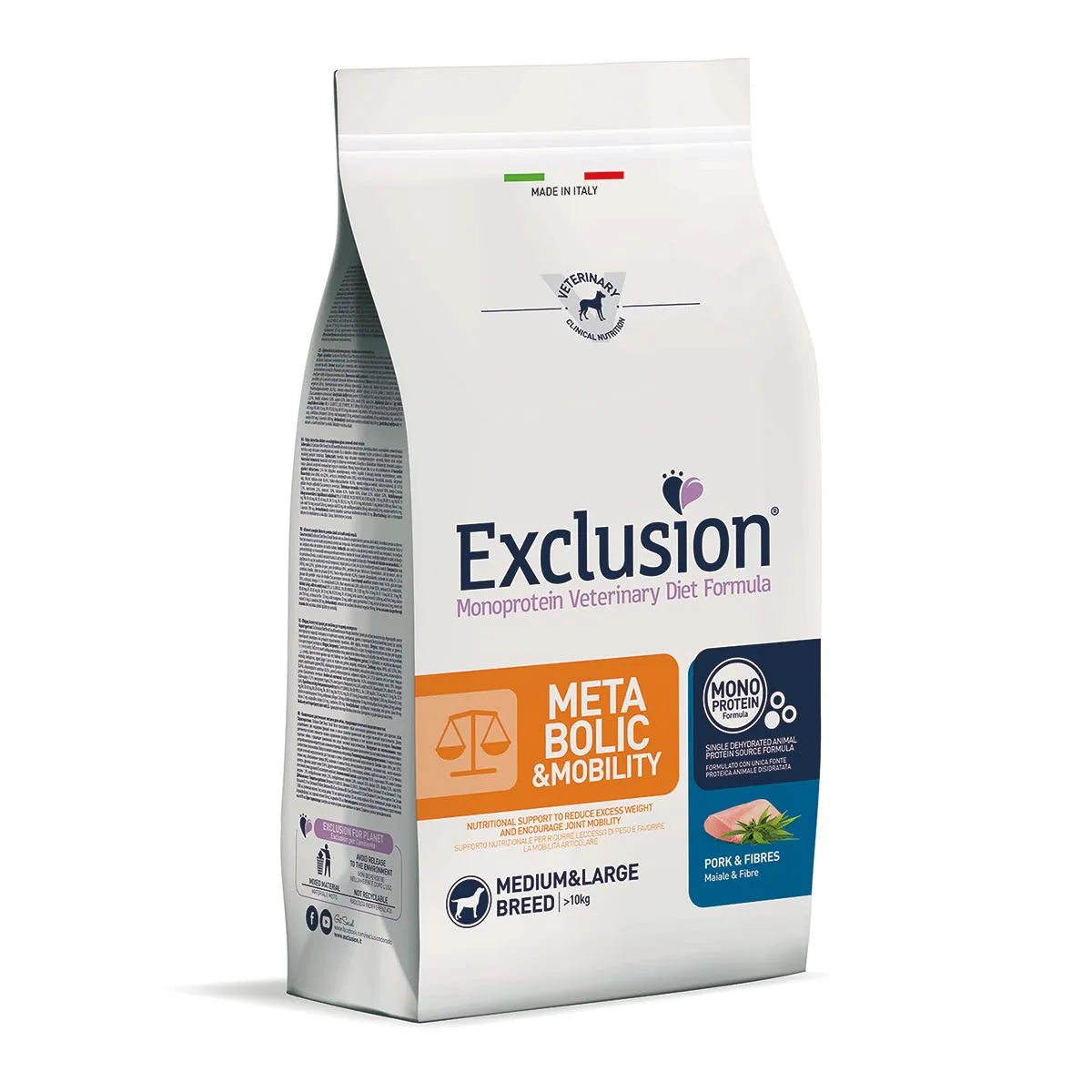 EXCLUSION METABOLIC E MOBILITY MEDIUM& LARGE BREED ADULT CON MAIALE E FIBRE 12 KG