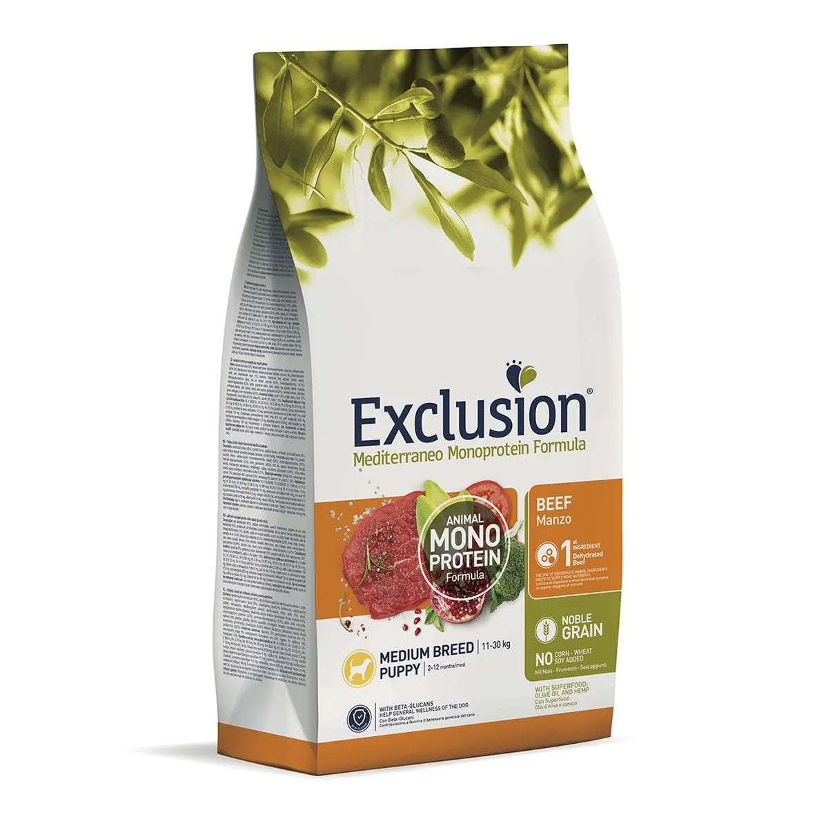 EXCLUSION NOBLE GRAIN MEDIUM BREED PUPPY CON MANZO 12 KG.