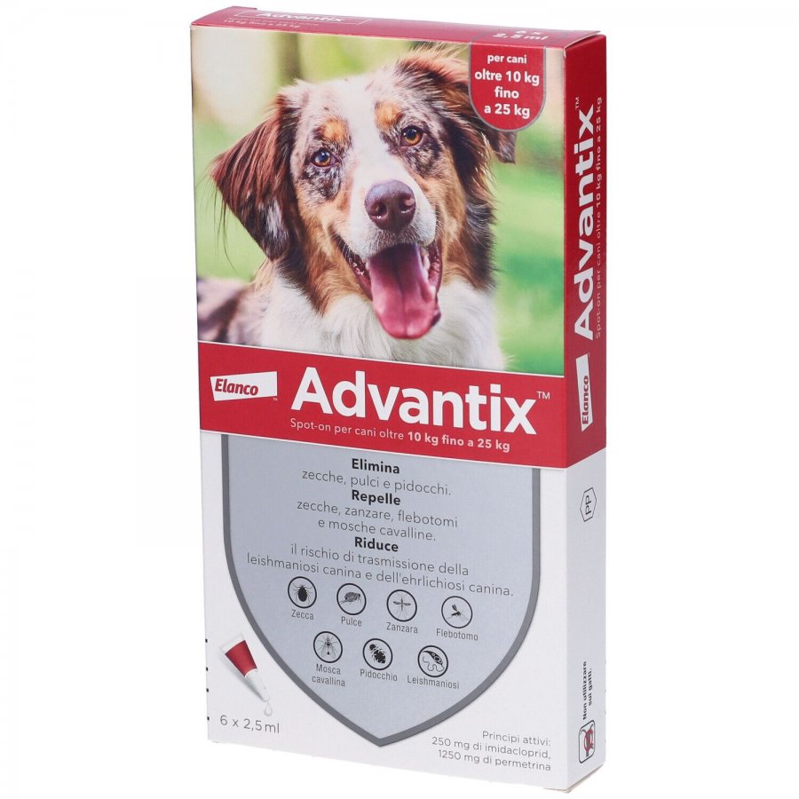 ADVANTIX SPOT-ON PER CANI OLTRE 10 KG FINO 25 KG CONFEZIONE DA 6 PIPETTE DA 2,5 ML CAD 67,70.