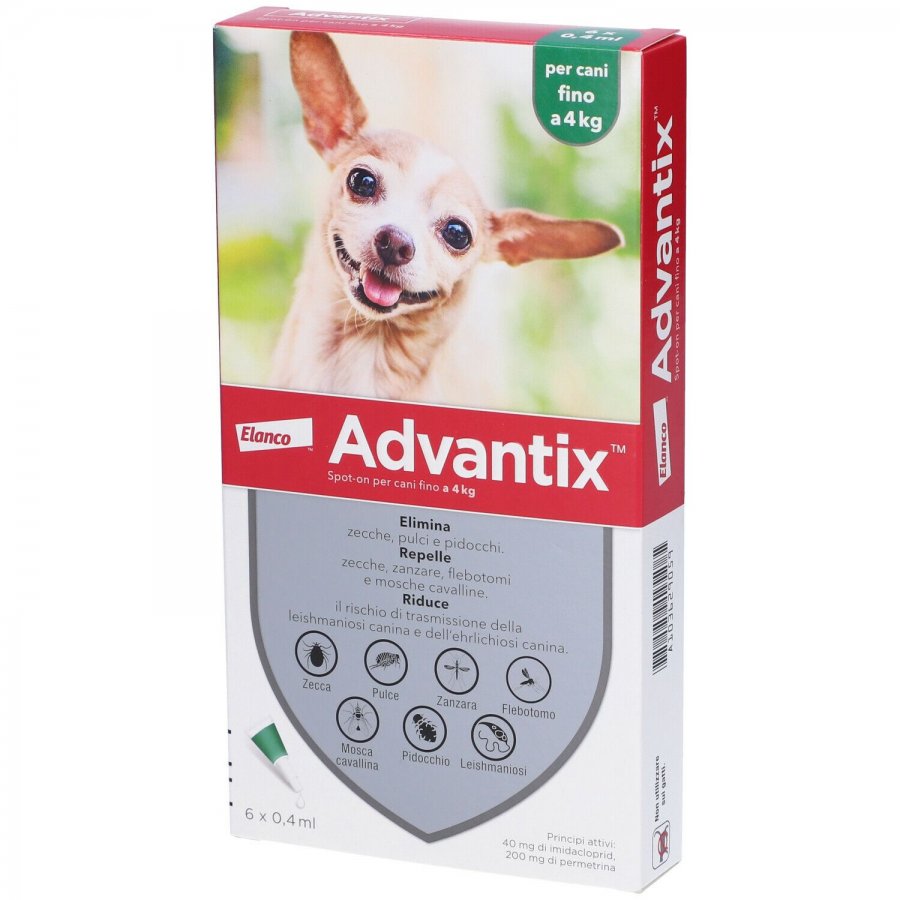 ADVANTIX SPOT-ON PER CANI FINO A 4 KG CONFEZIONE DA 6 PIPETTE DA 0,4 ML CAD 59,50.