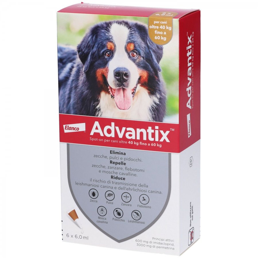 ADVANTINTIX SPOT-ON PER CANI OLTRE 40 KG FINO A 60 KG CONFEZIONE DA 6 PIPETTE DA 6,0 ML CAD 78,00.