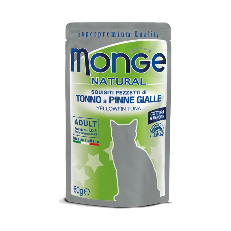 MONGE BUSTINE NATURAL ADULT SQUISITI PEZZI DI TONNO A PINNE GIALLE 80 GR.