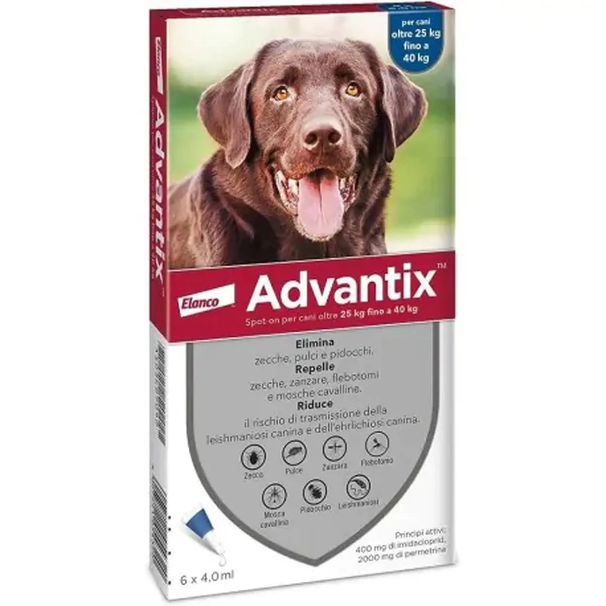ADVANTIX SPOT-ON PER CANI OLTRE 25 KG FINO A 40 KG CONFEZIONE DA 6 PIPETTE DA 4,0 ML CAD 72,00