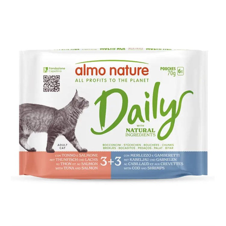 ALMO NATURE MULTIPACK CON SALMONE E TONNO , MERLUZZO E GAMBERETTI 70 GR