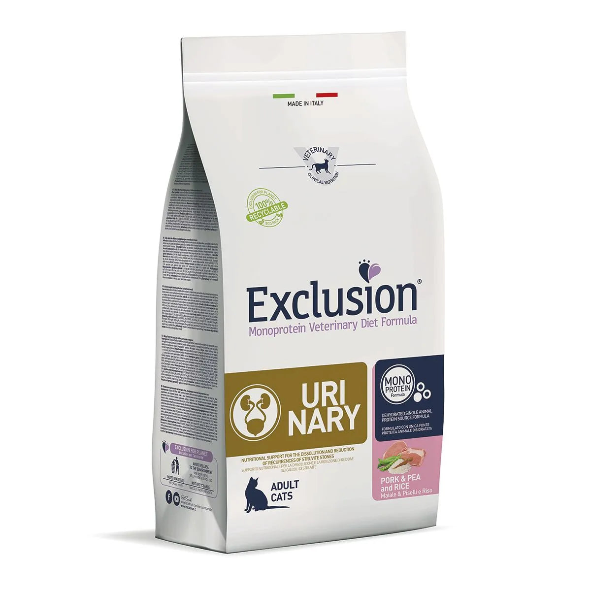 EXCLUSION URINARY GATTO ADULT CON CON MAIALE PISELLI E RISO 1,5 KG.