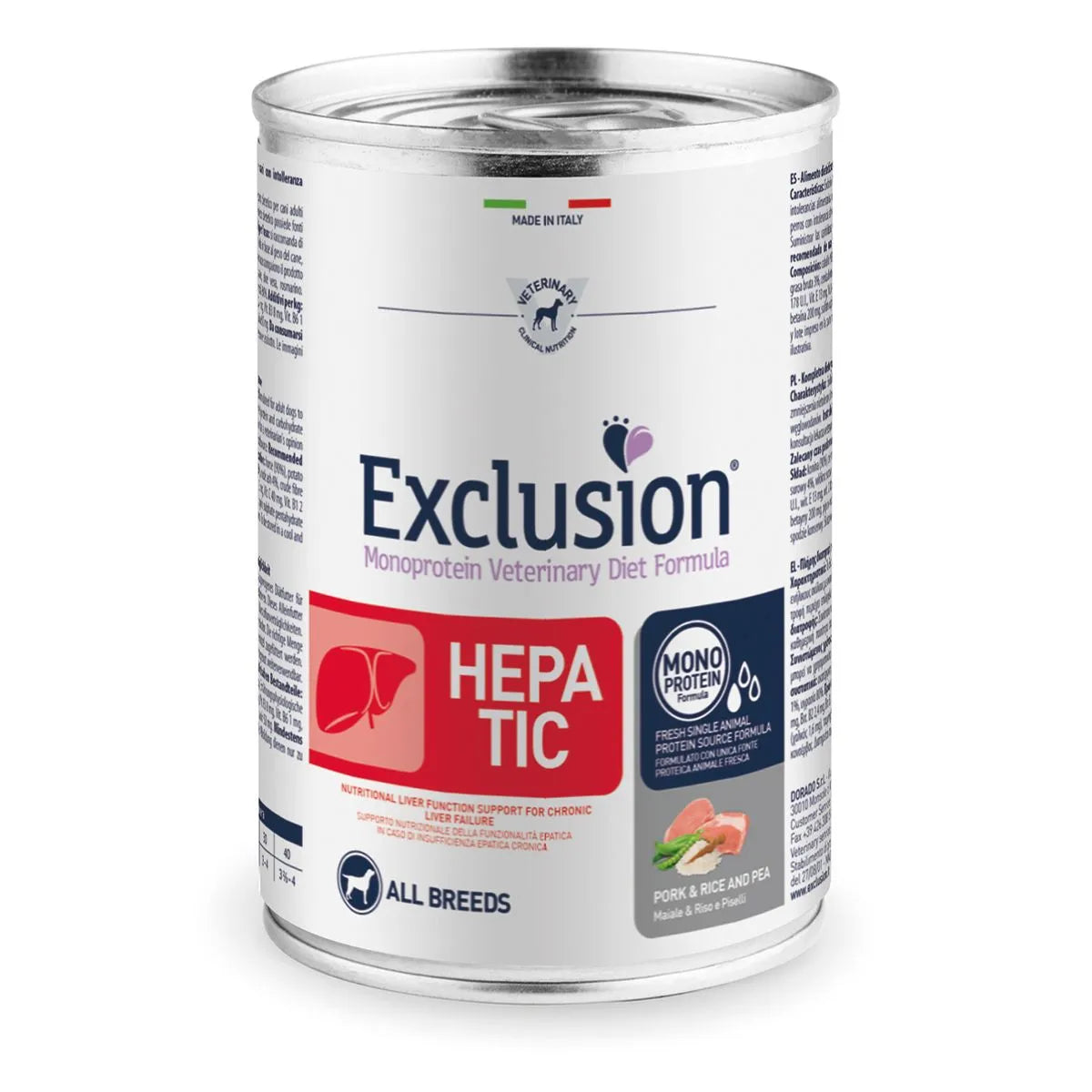EXCLUSION HEPATIC ALL BREEDS ADULT 400 GR CON MAIALE E RISO E PISELLI.