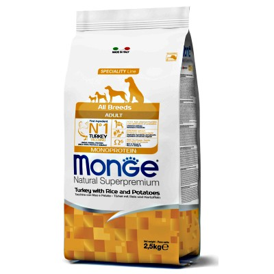 MONGE NATURAL SUPERPREMIUM ALL BREED ADULT TACCHINO CON RISO E PATATE 2,5 KG.