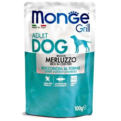 MONGE GRILLL ADULT DOG BOCCONCINI COTTI AL FORNO CON MERLUZZO GR 100.