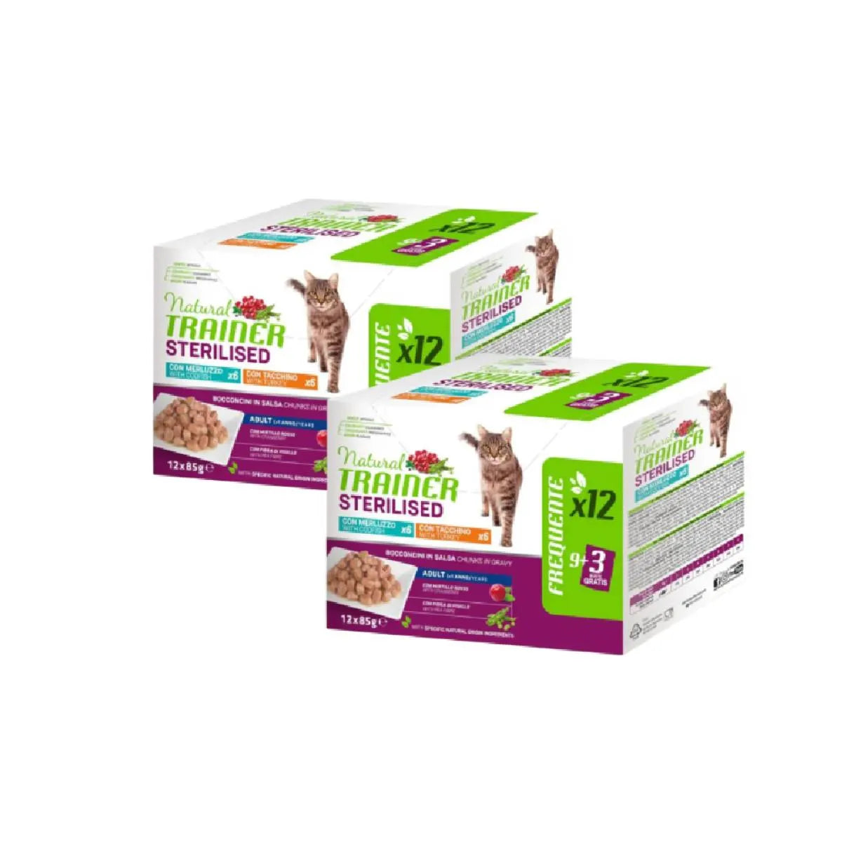 NATURAL TRAINER MULTIPACK X12 DA 85 GR STERILIZZATO CON TACCHINO E MERLUZZO.