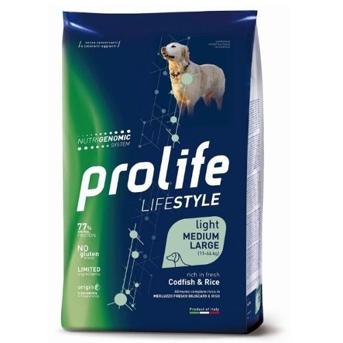 PROLIFE LIFE STYLE LIGHT MEDIUM LARGE RICCO IN MERLUZZO FRESCO E RISO 12 KG.