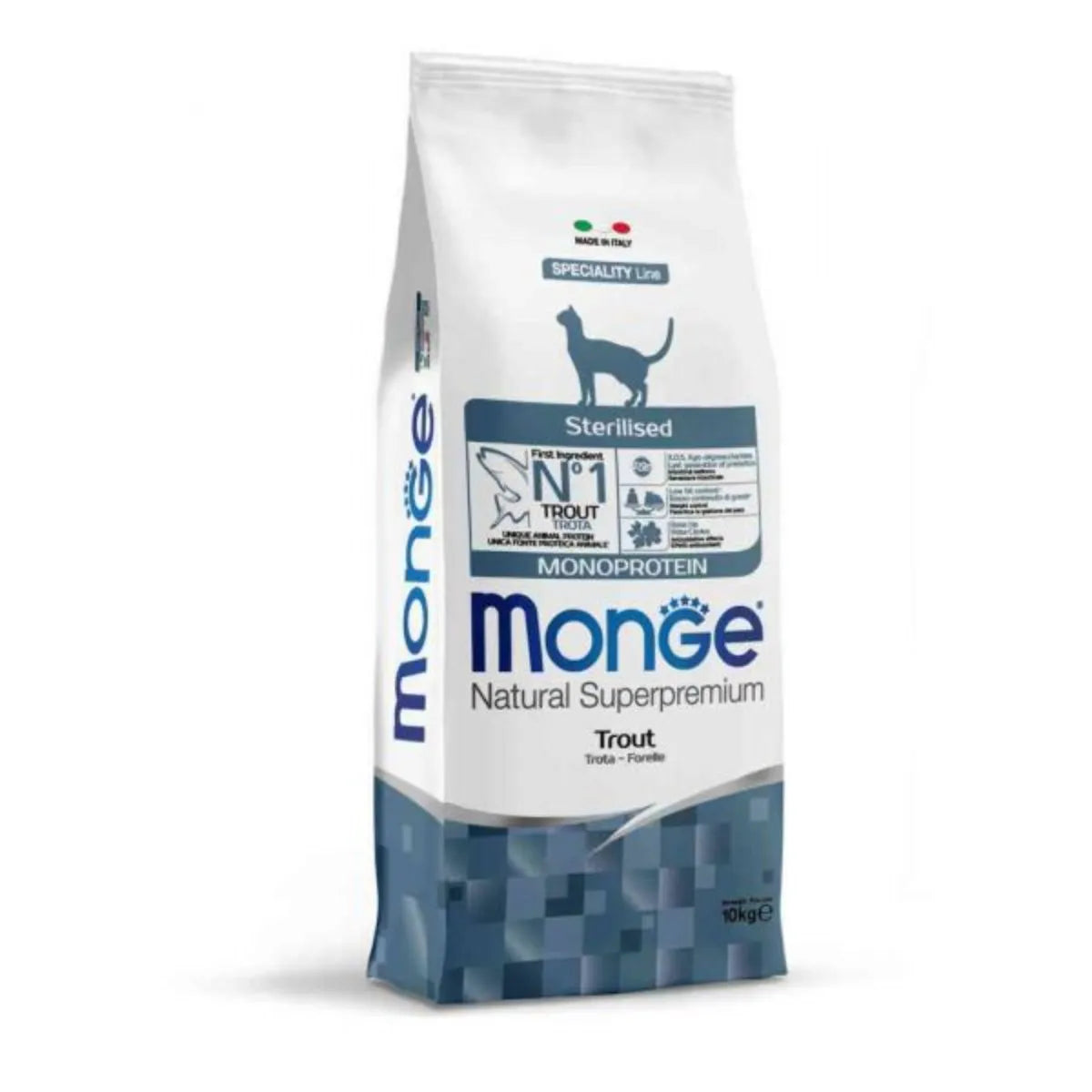 MONGE NATURAL SUPERPREMIUM ADULT STERILIZZATO CON TROTA 10 KG.