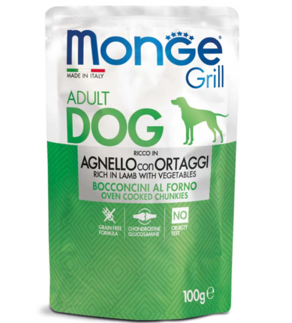 MONGE GRILL GRAIN FREE ADULT BOCCONCINI CON AGNELLO E ORTAGGI 100 GR.