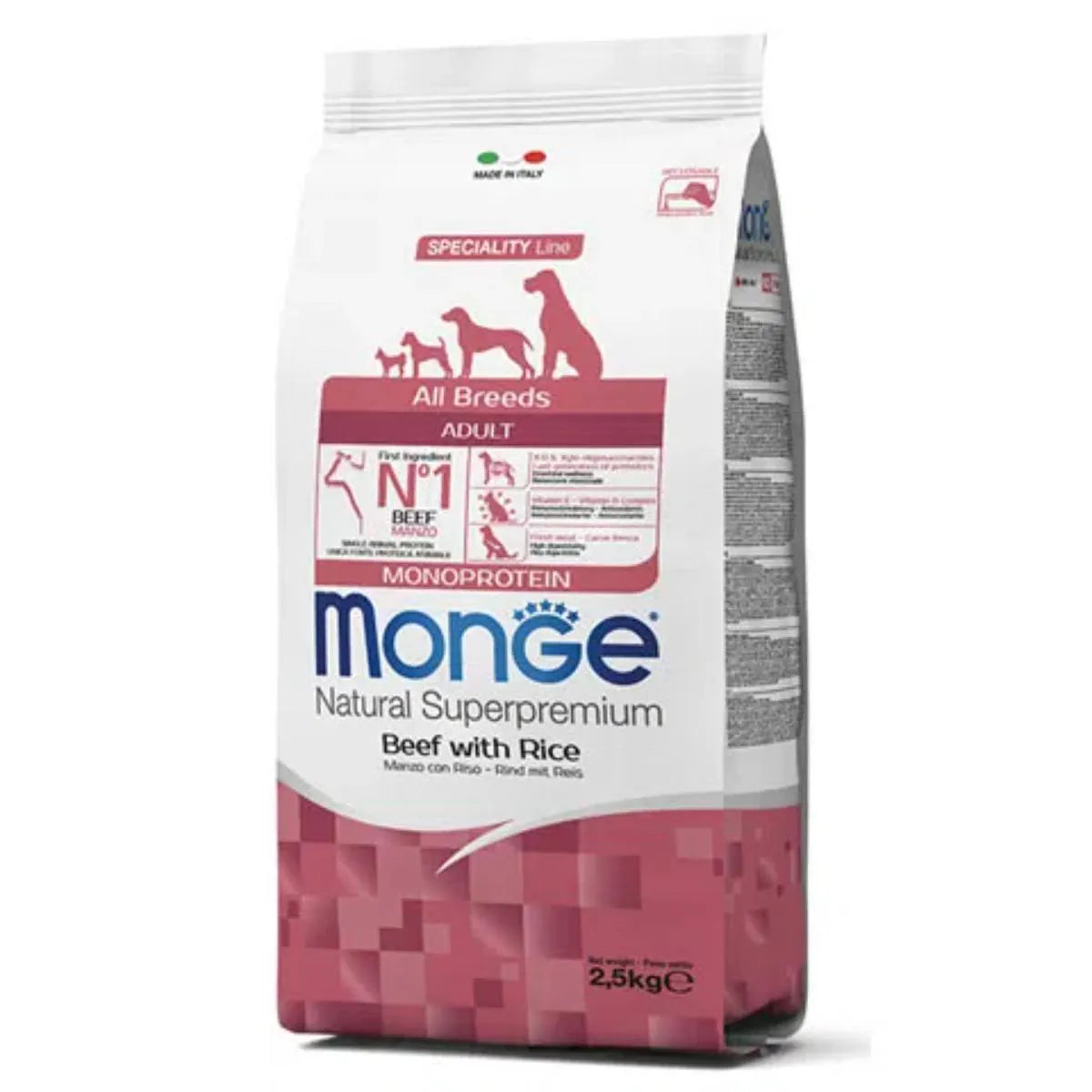 MONGE NATURAL SUPERPREMIUM ALL BREEDS ADULT CON MANZO E RISO 2,5 KG.