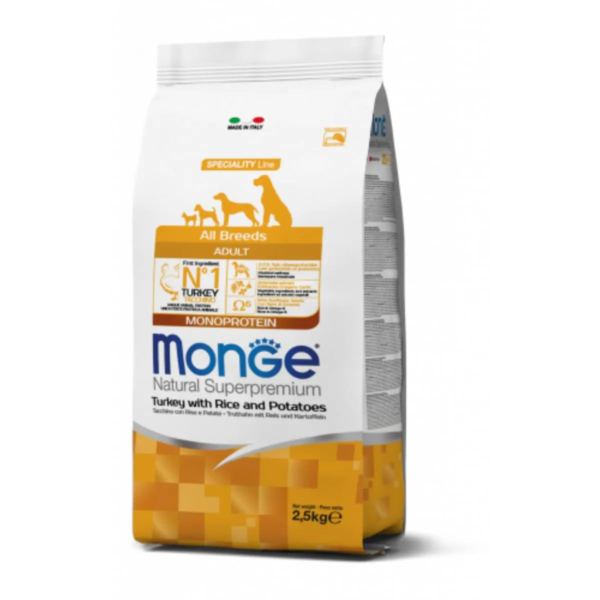 MONGE NATURAL SUPERPREMIUM ADULT TACCHINO CON RISO E PATATE MONOPROTEICA 12 KG.