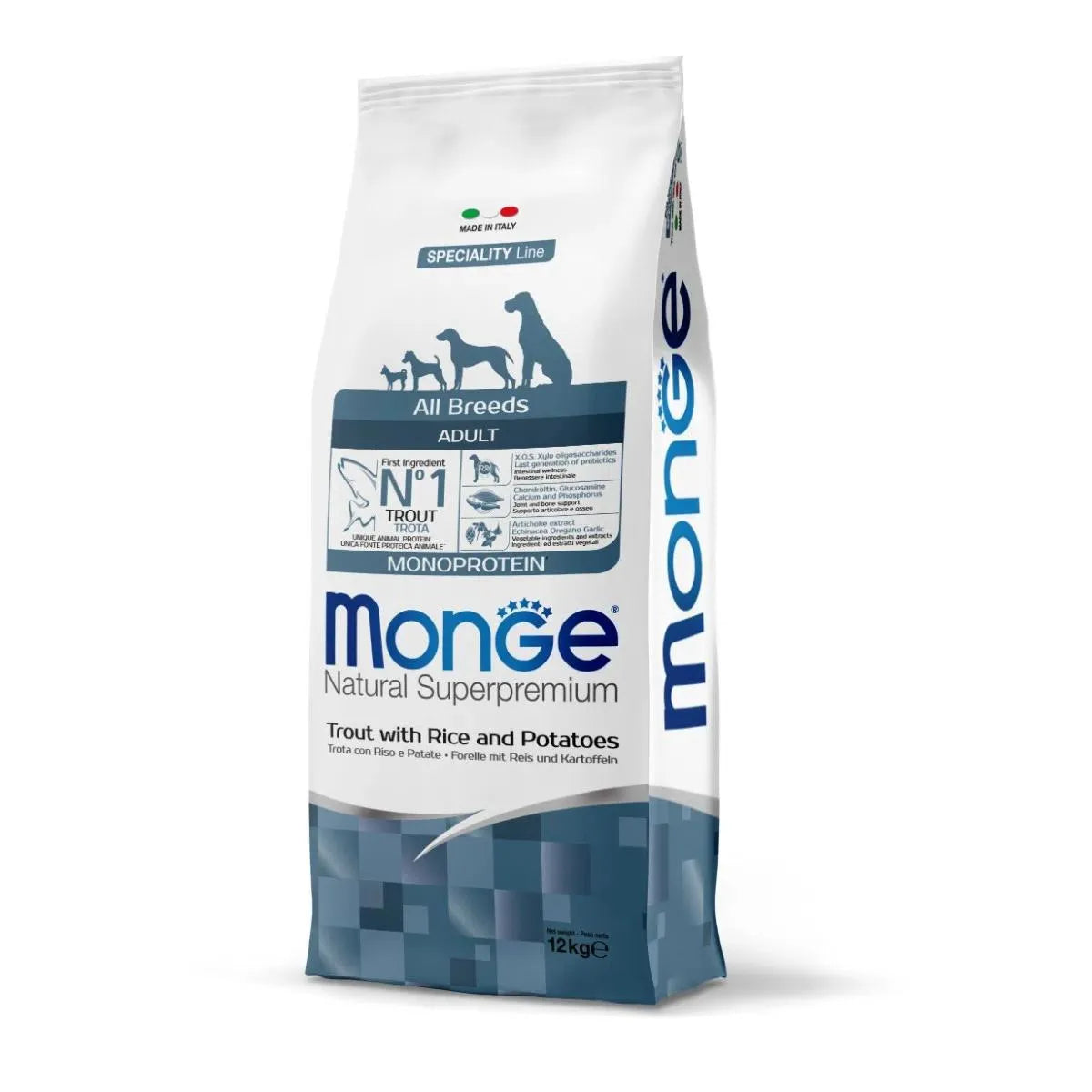 MONGE NATURAL SUPERPREMIUM ADULT CON TROTA RISO E PATATE 12 KG.