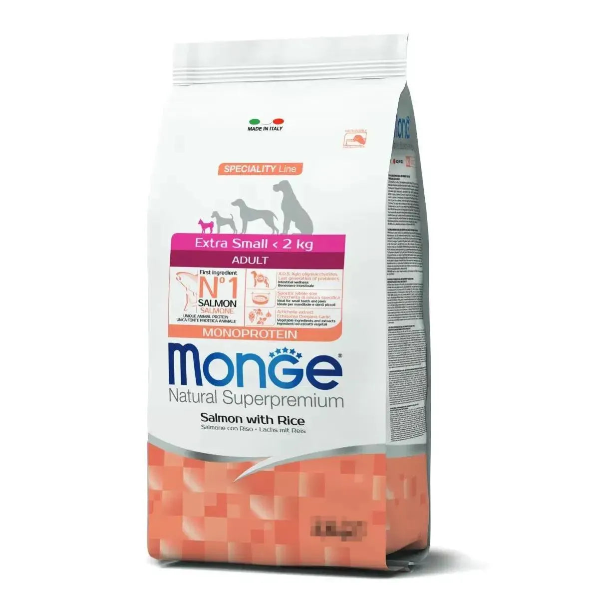 MONGE NATURAL SUPERPREMIUM EXTRA SMALL CON SALMONE 2,5 KG.