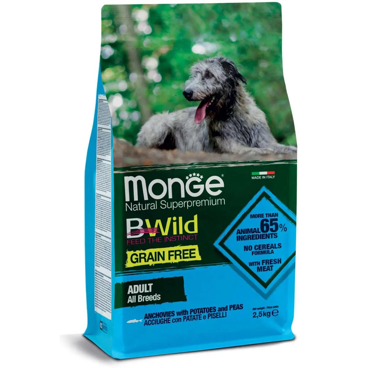 MONGE B WILD GRAIN FREE ALL BREEDS ADULT CON ACCIUGHE PATATE 12 KG.