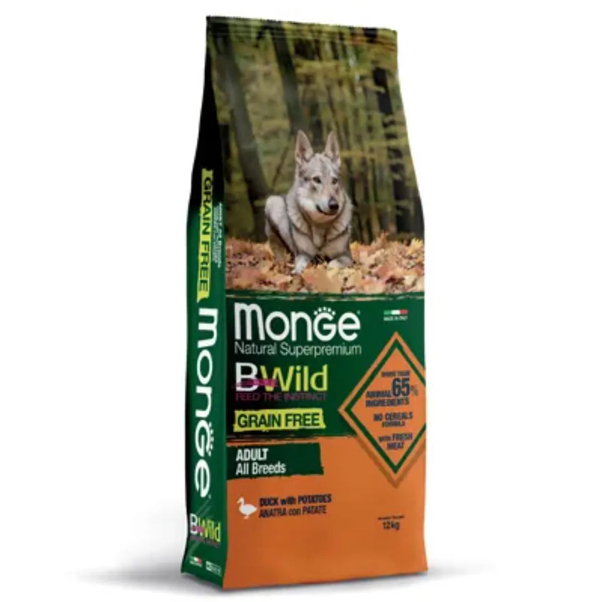 MONGE NATURAL SUPERPREMIUM GRAIN FREE BWILD ADULT ANATRA CON PATATE 12 KG.