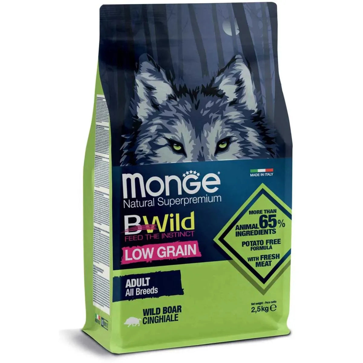 MONGE NATURAL SUPERPREMIUM BWILD LOW GRAIN ADULT CON CINGHIALE 12 KG.