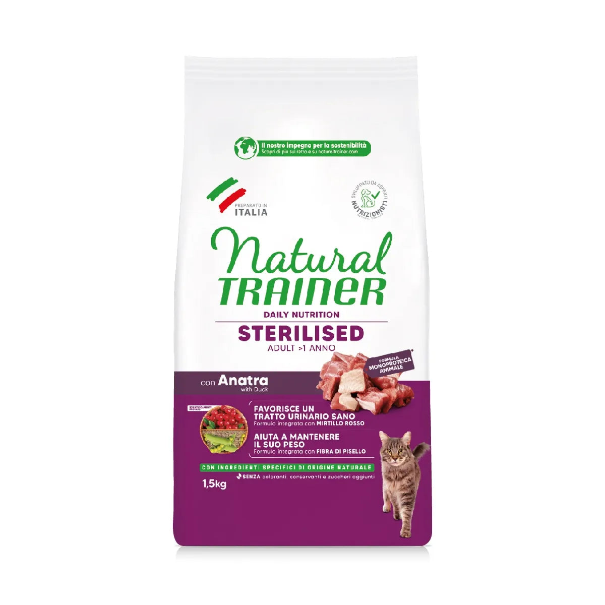 NATURAL TRAINER CAT ADULT STERILIZZATO CON ANATRA E FIBRA DI PISELLO 1,5 KG
