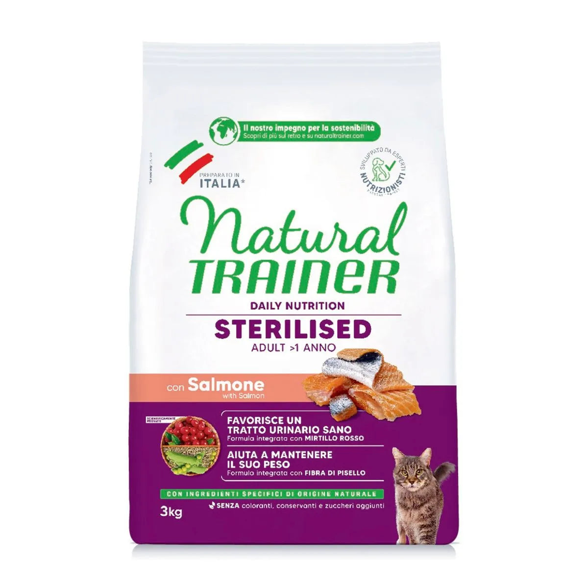 NATURAL TRAINER GATTO ADULT STERILIZZATO CON SALMONE E FIBRA DI PISELLO 3 KG