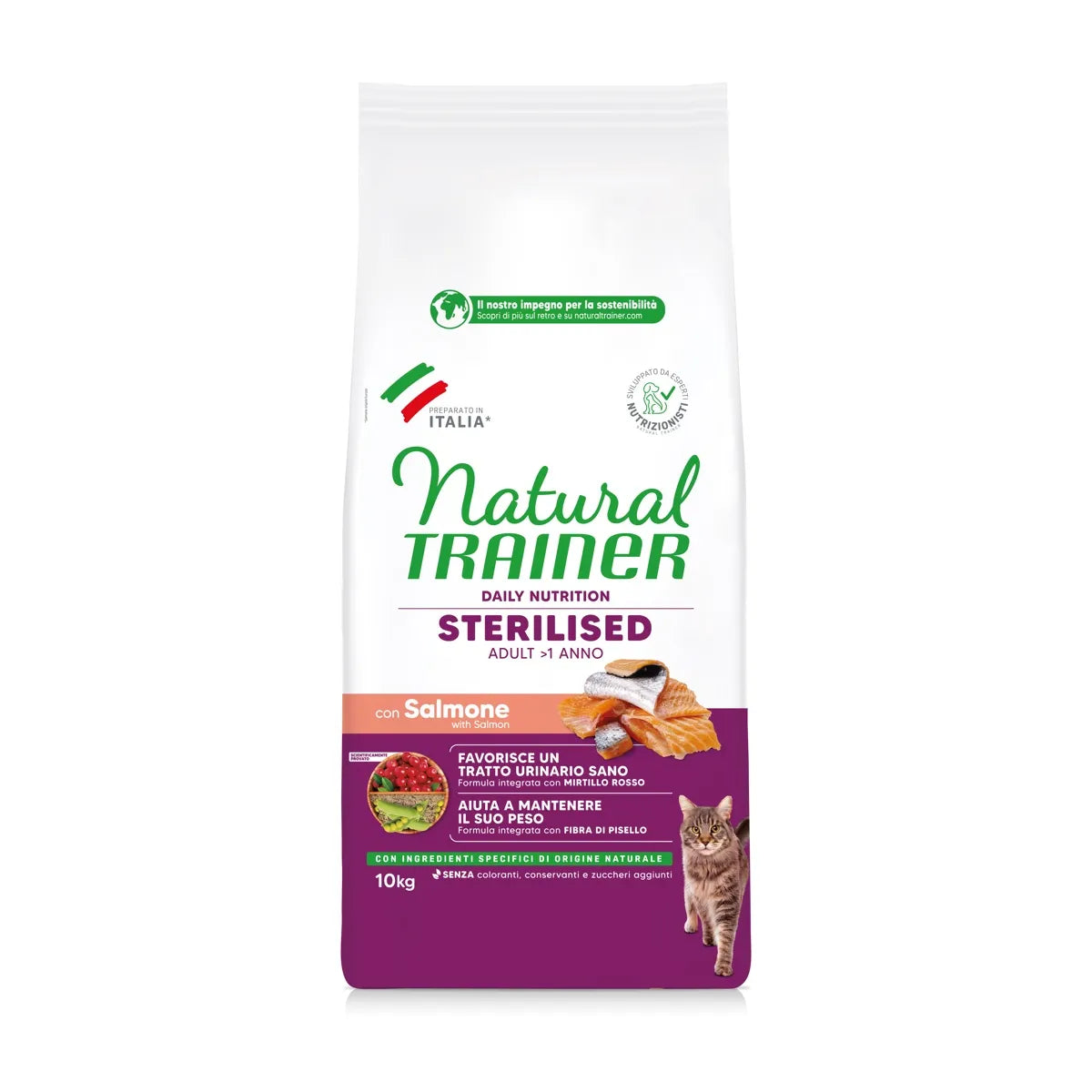 NATURAL TRAINER GATTO ADULT STERILIZZATO CON SALMONE E FIBRA DI PISELLO 10 KG