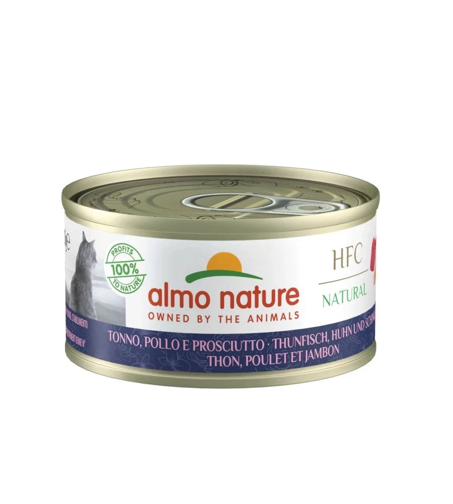ALMO NATURE HFC CON TONNO POLLO E PROSCIUTTO 70 GR