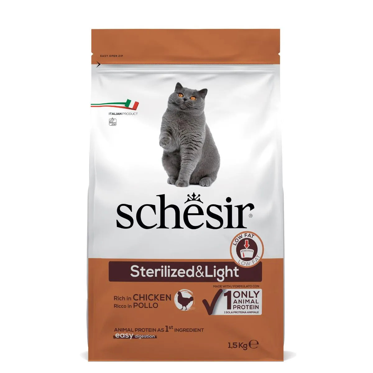 SCHESIR GATTO STERILIZZATO&LIGHT RICCO IN POLLO 1,5 KG.