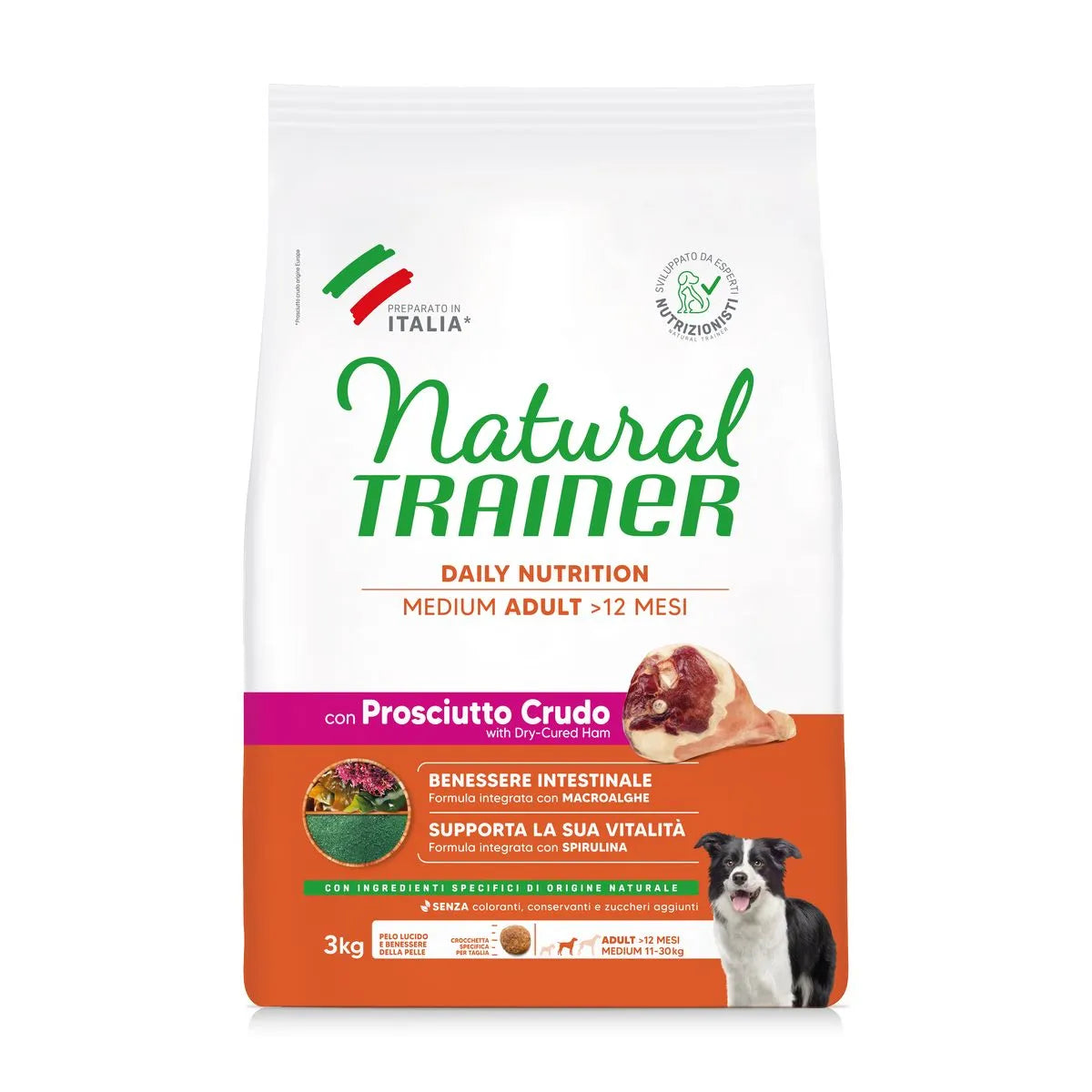 NATURAL TRAINER MEDIUM ADULT CON PROSCIUTTO CRUDO E RISO 3 KG.