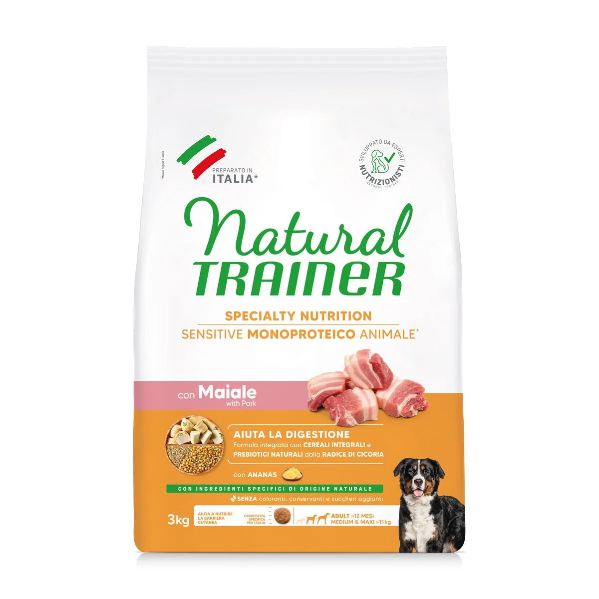 NATURAL TRAINER ADULT CON MAIALE E CEREALI INTEGRALI 12 KG.