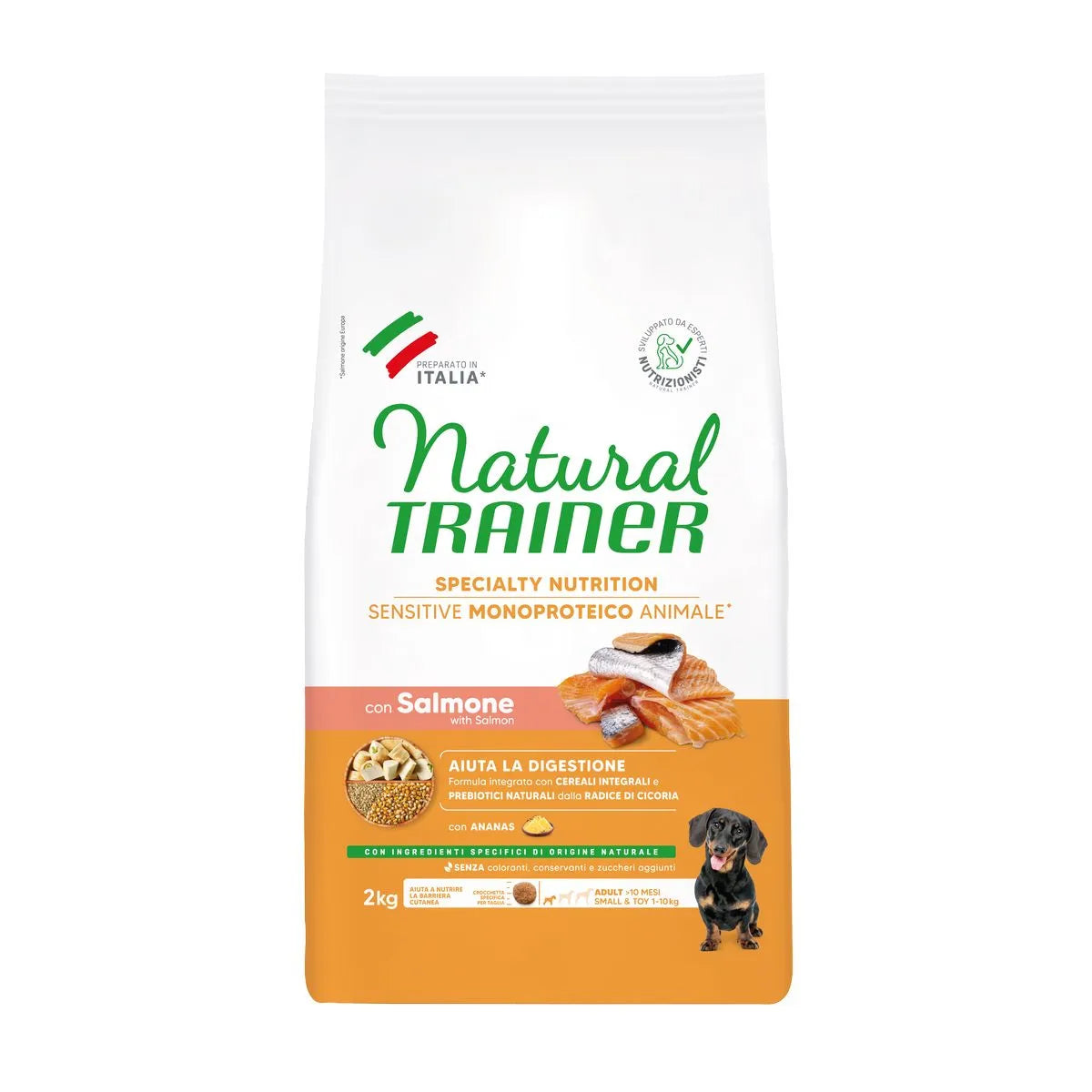 NATURAL TRAINER ADULT MINI NO GLUT CON SALMONE E CEREALI INTEGRALI 2 KG.
