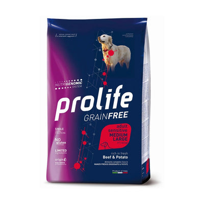 PROLIFE GRAIN FREE ADULT MEDIUM LARGE CON MANZO E PATATE  2,5 KG.