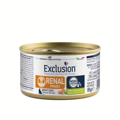 EXCLUSION  RENAL GATTO ADULT 85 GR CON MAIALE PISELLI E RISO FASE 1.