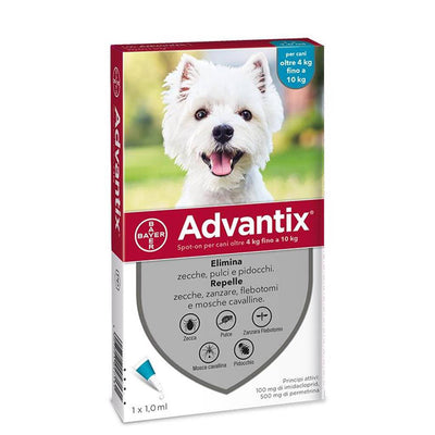 ADVANTIX SPOT-ON PER CANI OLTR 4 KG FINO A 10 KG CONFEZIONE DA 6 PIPETTE DA 1 ML CAD 61,90.