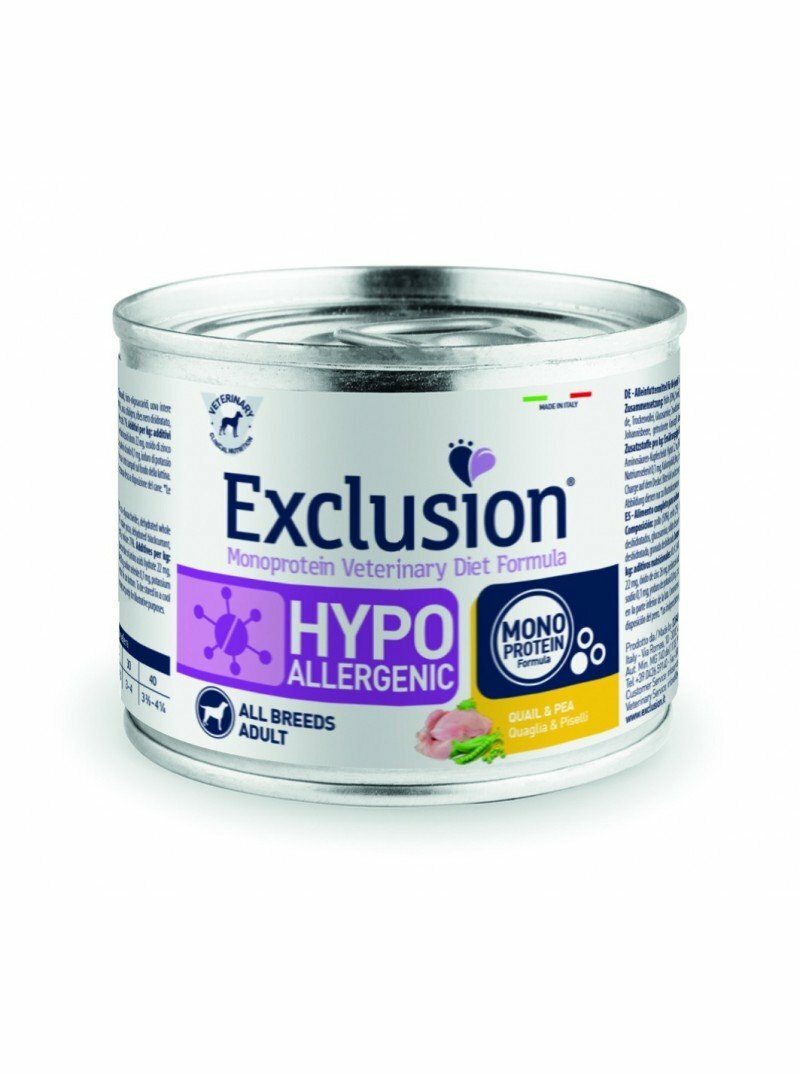 EXCLUSION HIPOALLERGENIC  ALL BREEDS ADULT CON QUAGLIA E PISELLI 200 GR.