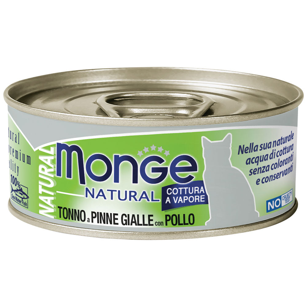 MONGE NATURAL CON TONNO A PINNE GIALLE E POLLO 80 GR.
