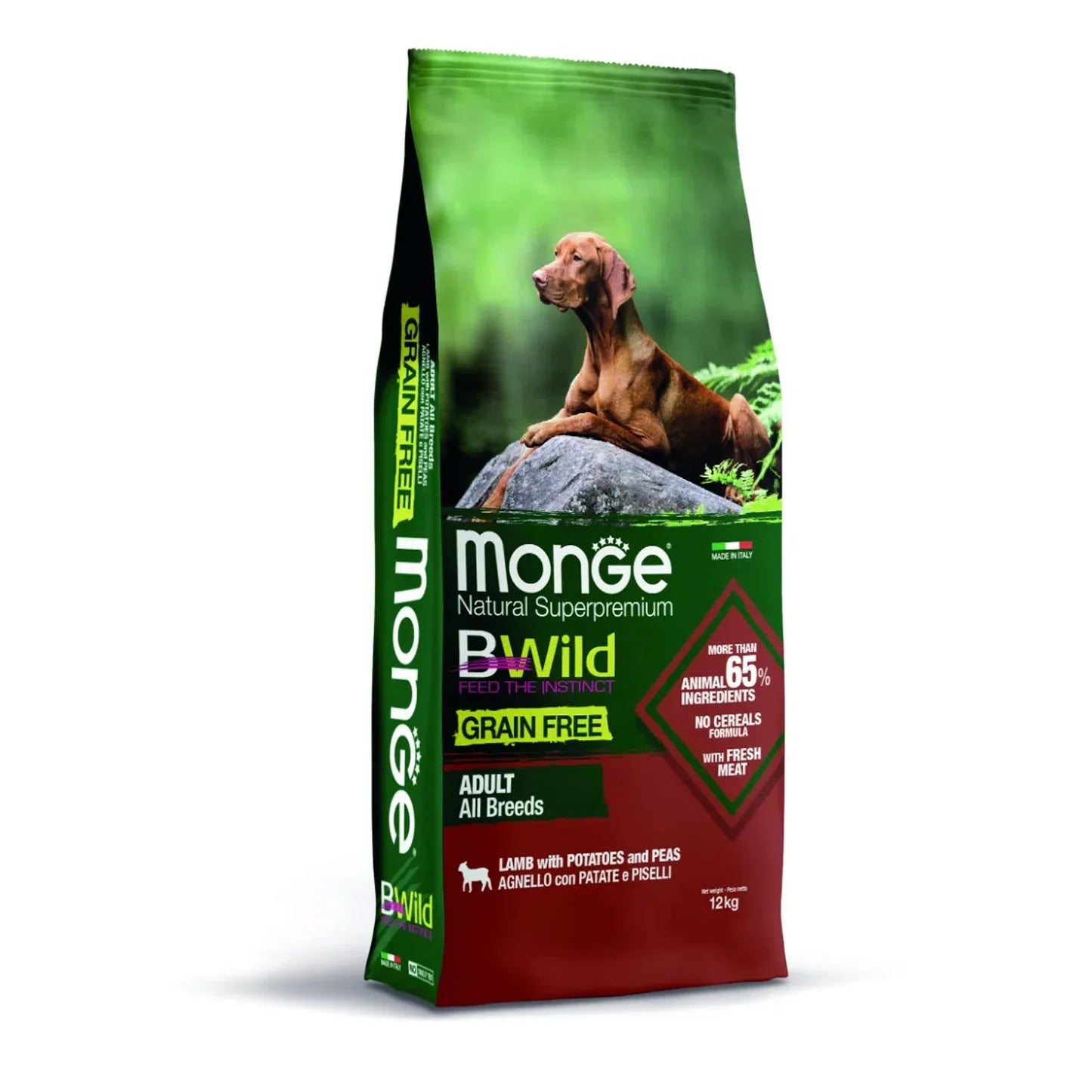 MONGE NATURAL SUPERPREMIUM GRAIN FREE  BWILD ADULT AGNELLO CON PATATE E PISELLI 12 KG.