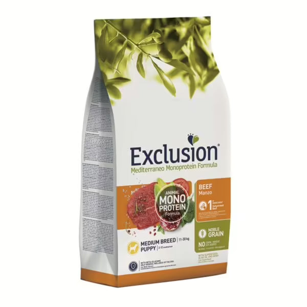 EXCLUSION NOBLE GRAIN MEDIUM BREED PUPPY CON MANZO 3 KG.