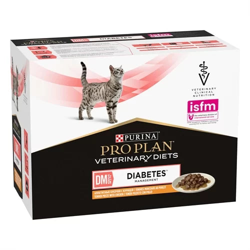 PURINA PROPLAN BUSTINA VETERINARY DIETS  DM DIABETES MANAGEMENT CON TENERI PEZZETTI DI POLLO 10 X 85 GR.