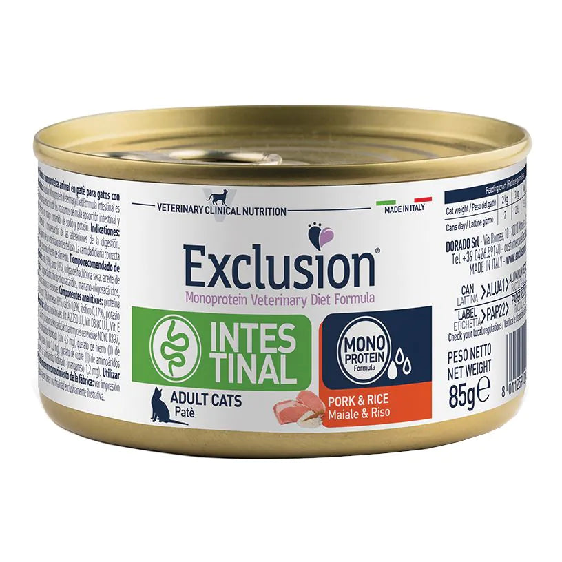 EXCLUSION  INTESTINAL GATTO ADULT  85 GR CON MAIALE E RISO.