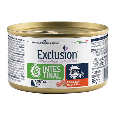 EXCLUSION  INTESTINAL GATTO ADULT  85 GR CON MAIALE E RISO.