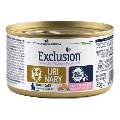 EXCLUSION  URINARY GATTO ADULT  85 GR CON MAIALE PISELLI E RISO.