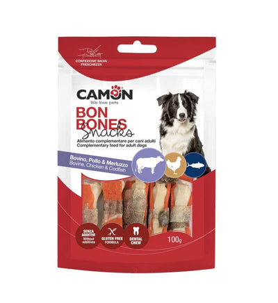 CAMON TREATES&SNACKS POLLO,MERLUZZO,E BOVINO 100 GR.