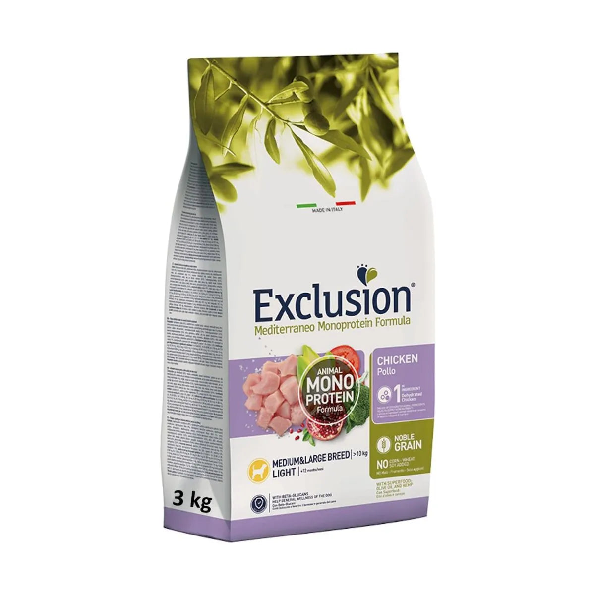 EXCLUSION NOBLE GRAIN MEDIUM&LARGE BREED LIGHT CON POLLO 12 KG.